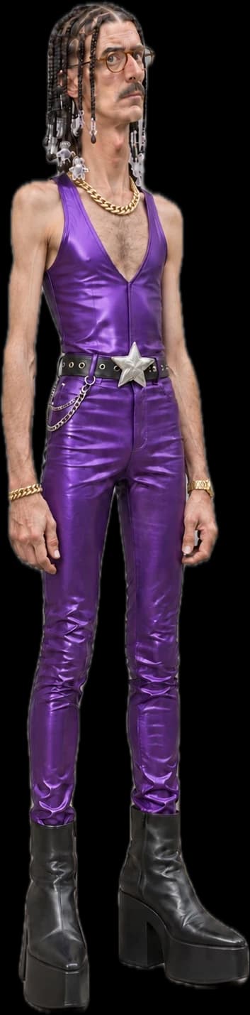 Dorival Rockstar de corpo inteiro: muito alto e magro, tranças com adornos, óculos redondos, macacão roxo metálico, cinto com fivela de estrela e botas plataforma.